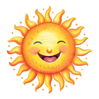 vattenfärg tecknad serie leende Sol med Lycklig ansikte, sommar väder. ai generativ png