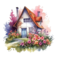 Watercolor cozy cottage surrounded by flowers garden, isolated. AI Generative png