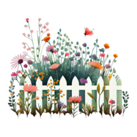 Watercolor whimsical drawing of a flower garden with cute details, isolated. AI Generative png