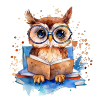 Watercolor cute owl with glasses reading book, isolated. AI Generative png