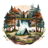 Watercolor camping tent, campsite with campfire, lake, river, nature landscape illustration. AI Generative png