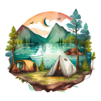 Watercolor camping tent, campsite with campfire, lake, river, nature landscape illustration. AI Generative png