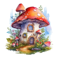 Watercolor whimsical mushroom house, fantasy fairytale illustration. AI Generative png