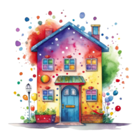 Watercolor colorful cute happy house with polka dot, isolated. AI Generative png