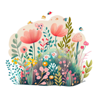 Watercolor whimsical drawing of a flower garden with cute details, isolated. AI Generative png