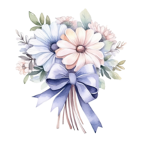 Watercolor delicate bouquet of flowers with a ribbon tied around, isolated. AI Generative png