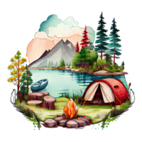 Watercolor camping tent, campsite with campfire, lake, river, nature landscape illustration. AI Generative png