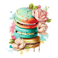 Watercolor macarons, macaroons and flowers. Sweet cake dessert. AI Generative png