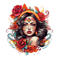 tatuaje estilo retrato de chicano chica, mexicano mujer con flores arte, aislado. ai generativo png