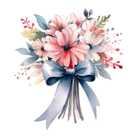 Watercolor delicate bouquet of flowers with a ribbon tied around, isolated. AI Generative png