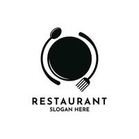 Food restaurant logo design with spoon, fork and plate symbol with circle shape vector