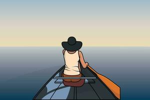 Guy sitting on wooden boat in sea vector illustration. People traveling icon concept. Beautiful views of the sea among the guy design.