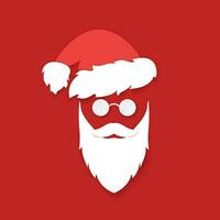 Santa Claus face silhouette on red background. White beard with mustache and hat with eyeglasses. Symbol holiday New Year and Christmas. Vector illustration