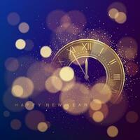 Golden Clock Dial with Roman Numbers on Magic Christmas Glitter Background with Bokeh. New Year Countdown and chimes. Five minutes before twelve. Vector