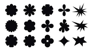 Black template shapes of flowers and blobs on a white background. Chamomile, star, blob and other elements in a fashionable retro style. Vector illustration.