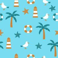 Seamless marine pattern. Palm, seagull, lighthouse and lifebuoy vector