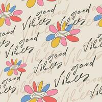 Flower Good Vibes Wallpaper on the brown Background Seamless Pattern. 90s style. Print for graphic tee, bomber vector