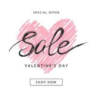 Banner of Valentine's day sale offer. Greeting card with hand written lettering and pink heart. Vector illustration with love concept