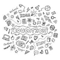 Education concept. Hand drawn school doodles icons set. Vector illustration.