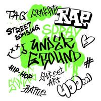 Street black graffiti underground lettering elements in the grunge style with tags a green background. Urban savage spray paint art. Set creative vector design teenage for tee t shirt or sweatshirt.