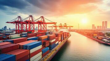 Container Cargo freight ship with working crane bridge at sunset for Logistic Import Export background. Generative AI photo
