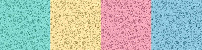 Hand drawn vector school seamless pattern with doodles icons set on green, yellow, pink, blue background. Education concept background