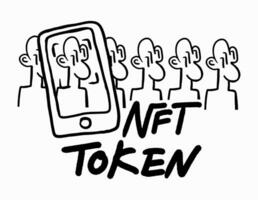 Non-fungible token NFT is a special type of cryptographic token which represents something unique. NFT blockchain marketplace. Doodle cartoon style vector