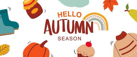 Hello autumn with element and leaves background. Autumn october hand drawn template design. vector