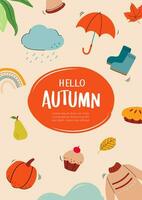 Hello autumn with element and leaves background. Autumn october hand drawn template design. vector