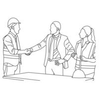 Line art of engineer man handshake with businesswoman after finishing up meeting vector