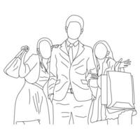 Group of friends enjoying the shopping together Line art isolated on a white background. vector