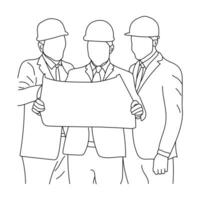 Line art of architect-engineer discusses construction project in meeting room isolated on a white background. vector