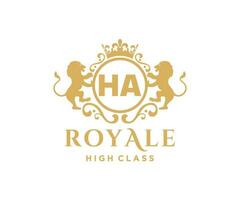 Golden Letter HA template logo Luxury gold letter with crown. Monogram alphabet . Beautiful royal initials letter. vector