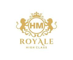 Golden Letter HM template logo Luxury gold letter with crown. Monogram alphabet . Beautiful royal initials letter. vector