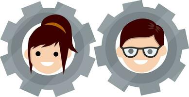 Gear with faces of men and women. Concept of successful love relationship. Boyfriend and girlfriend. Cartoon flat illustration. Head guy and girl. Romantic mechanism vector