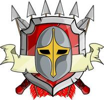 Heraldic coat of arms of medieval knight. Metal weapons and armor. Cartoon illustration. Red shield with helmet, arrow, ribbon and crossed sword vector