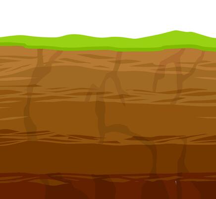 Land in the section. Archaeological scenery. Brown ground. Dirt clay and green grass. Vector cartoon. Underground background. Geological layer