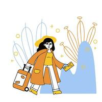Woman at airport. Girl with suitcase hurry. Luggage and baggage. Ticket in hand. Female character goes on vacation vector