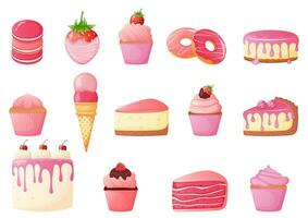 Trendy pink color set of cakes and desserts vector