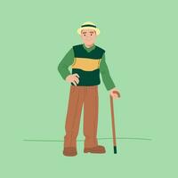 Happy aged man on retirement standing with cane. Flat vector illustration.