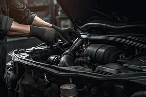 profesional mecánico trabajando en auto reparar tienda. coche Servicio y mantenimiento concepto. generativo ai foto