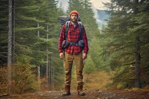 Handsome bearded man with backpack in the autumn forest. Travel and adventure concept. photo