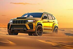 luxury car on sand dunes. Generative AI photo