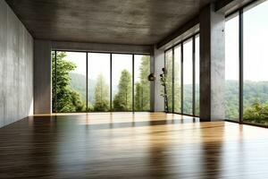 Empty room with panoramic window and mountain view. Generative AI photo