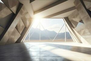 architecture empty room with window and mountain background with sunlight. Generative AI photo