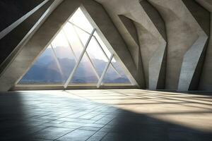 architecture empty room with window and mountain background with sunlight. Generative AI photo