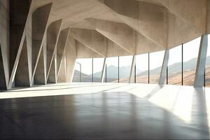 architecture empty room with window and mountain background with sunlight. Generative AI photo