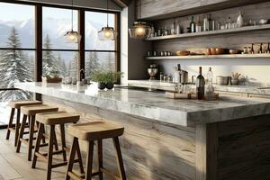 Interior of modern kitchen with gray walls, concrete floor, white marble countertops and bar with stools. Generative AI photo