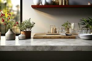Interior of modern kitchen with gray walls, concrete floor, white marble countertops and bar with stools. Generative AI photo