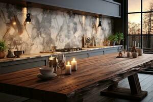 Interior of modern kitchen with gray walls, concrete floor, white marble countertops and bar with stools. Generative AI photo